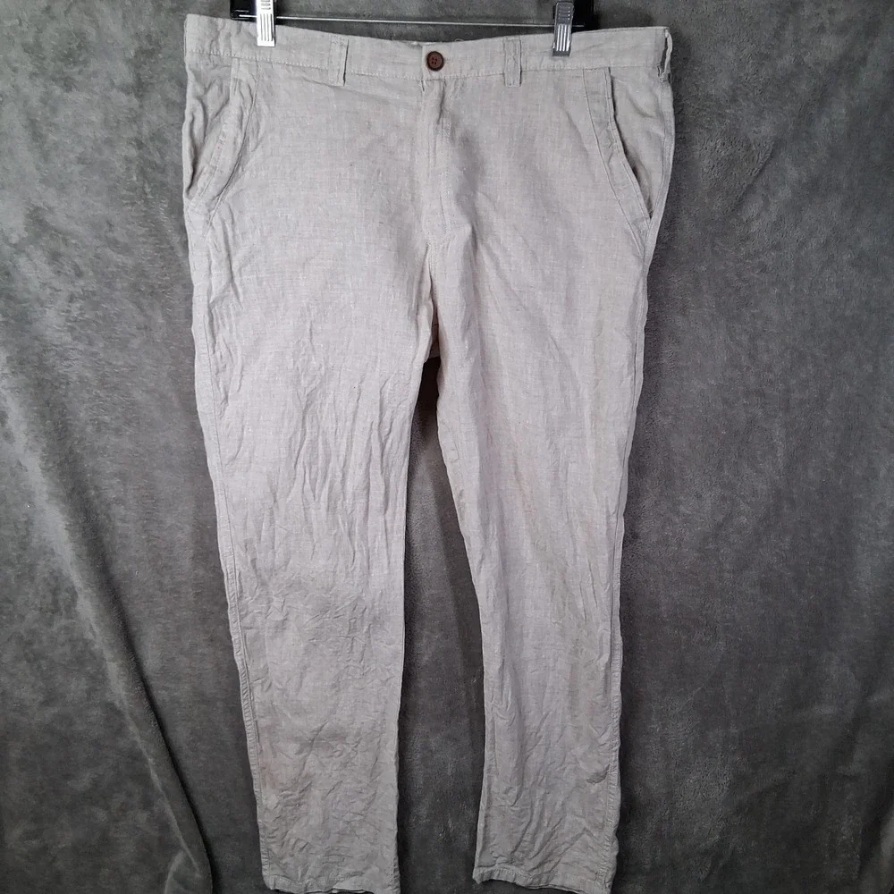Linen Pants Men Size 38x30 Beige Slim Fit Denim Co Mid-Rise Lightweight